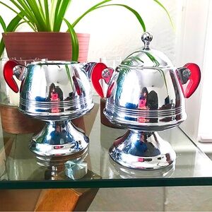 Vintage Chrome & Cherry Red Bakelite Art Deco Creamer & Sugar 1930s *IMPERFECT*